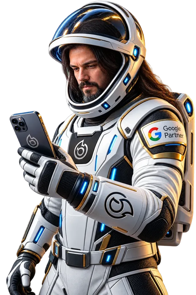Jonas Schubert em traje espacial com selo Google Partner, olhando um celular